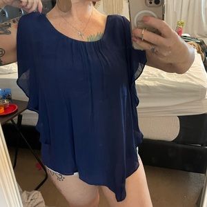 Navy Blue Flowy Top NWOT Crisscross back open sides